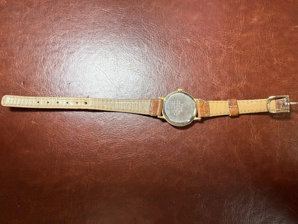 Vintage Pulsar Quartz Gold Tone Watch Brown Leather Band V230-0150 Japan Dial
